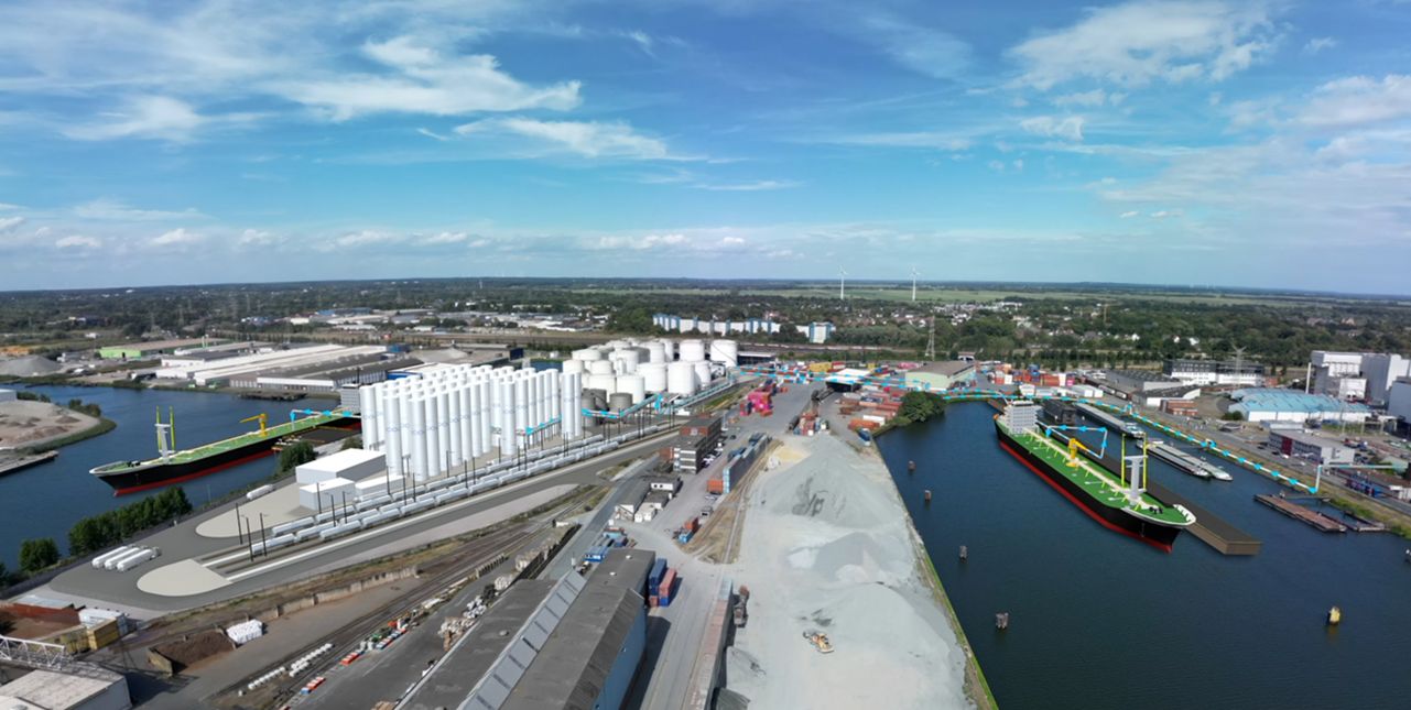 Visualisierung des geplanten CarbonBridge CO₂-Exportterminals am Bremer Hafen